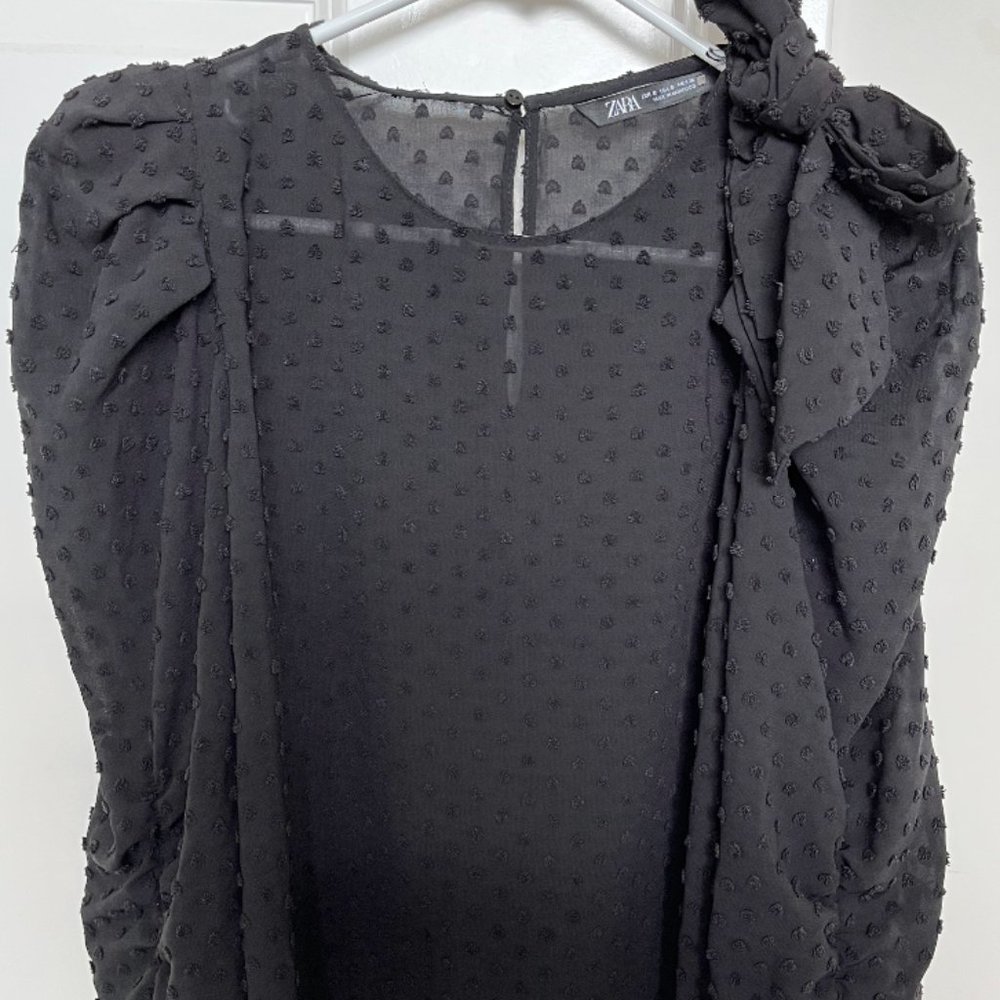 Sheer Black Zara Polka Dot Blouse with Puff Sleeves
